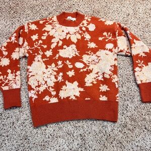 Listicle Floral Crew Neck Sweater - Orange and Cream